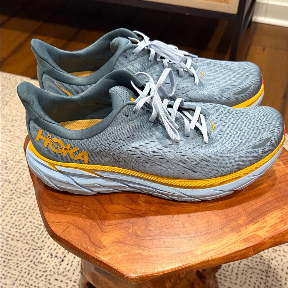 Hoka Clifton 8 Blue and Yellow Athletic Shoes